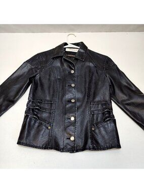Paris Blue Faux Leather Jacket Small (3-5) Snap Buttons Leopard Trim Detail VGC